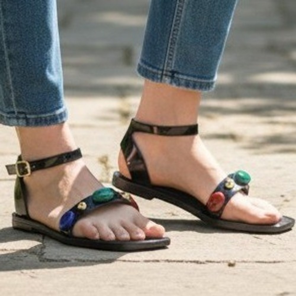 Forever Black Jelly Sandals Multi Color Gemstone Cabochon Ankle Strap Flat Shoes
